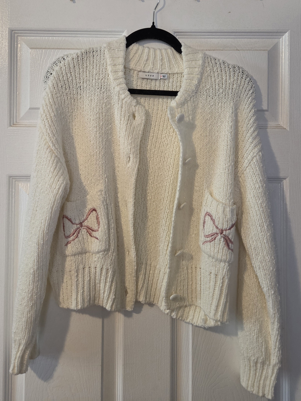 Lush Cream Knit Cardigan with Pink Bow Pocket Embroidery